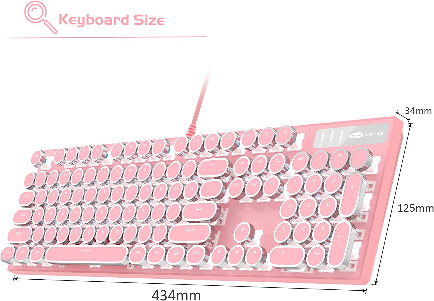 MageGee Typewriter Mechanical Gaming Keyboard, Retro Punk Round Keycap LED White Backlit USB Wired Keyboards for Game an