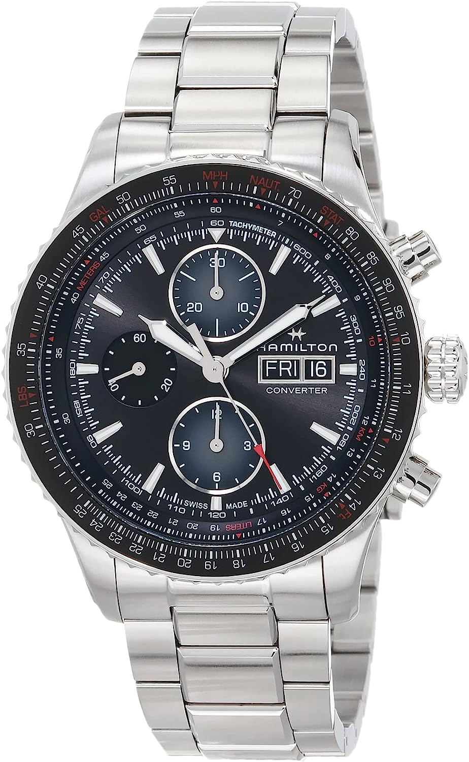Hamilton Watch Khaki Aviation Converter Swiss Automatic Chronograph Watch 44mm Case, Black Dial, Silver Stainless Steel