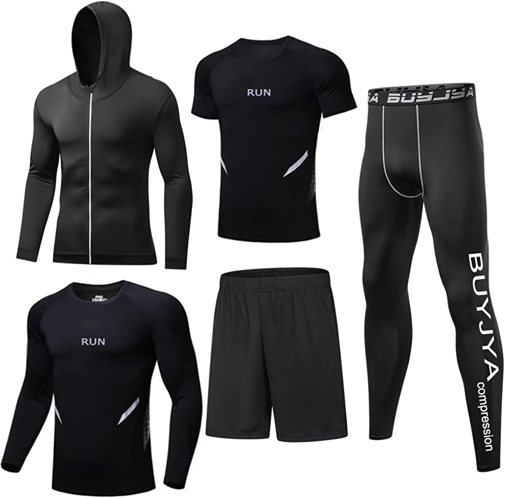 BUYJYA 5Pcs Men's Compression Pants Shirt Top Long Sleeve Jacket Athletic Sets Gym Clothing Mens Workout Valentine's Day